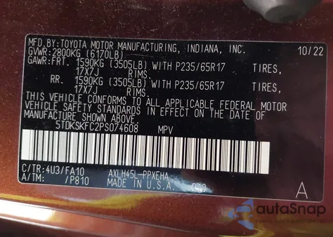 2023 Toyota Sienna Le из США, поврежденный, VIN 5TDKSKFC2PS074608